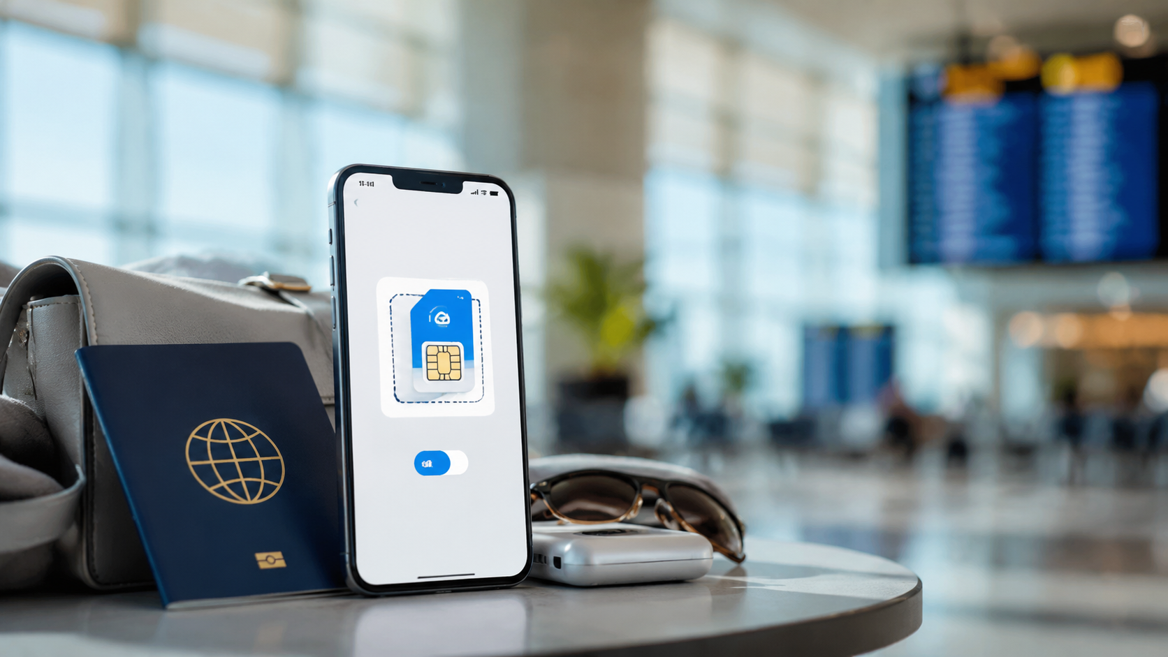 هاتف يعرض شريحة eSIM بجانب حقيبة سفر داخل مطار
